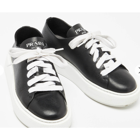 Prada Downtown Leather Low-Top Platform Sneakers Black Size Women's Size EU 37 - Picture 1 of 8